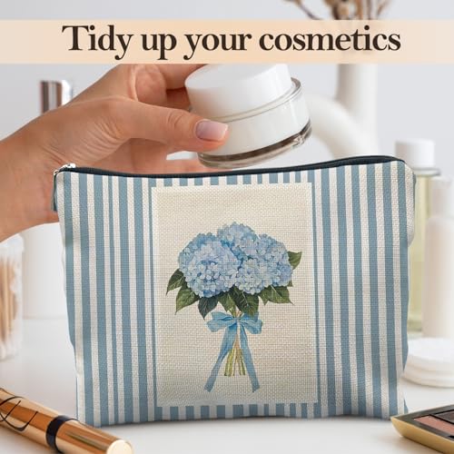 Likjad Blue Hydrangea Makeup Bag with Bow — Floral Cosmetic Organizer for Women, Diversified Occupations