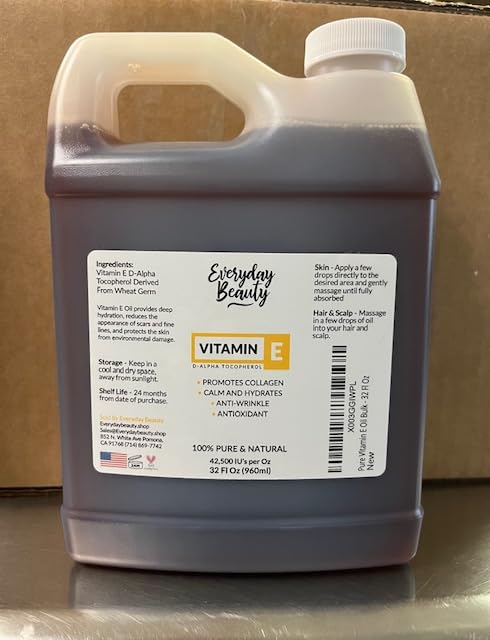 Vitamin E Oil - 32 oz D-Alpha Tocopherol 100% Pure & Natural | Thick Amber Color for Face, Body & Hair Care