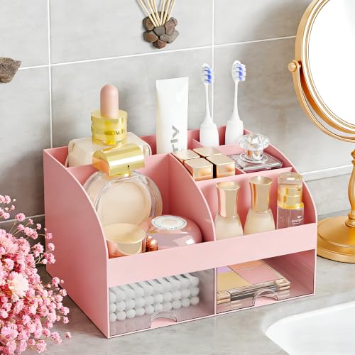 Pink Makeup Organizer with 2 Drawers, Cosmetic Storage for Vanity & Bathroom