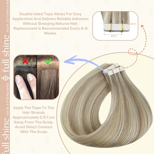 Fshine 12 Inch Tape-In Hair Extensions, Remy Human Hair Dirty Blonde Mix