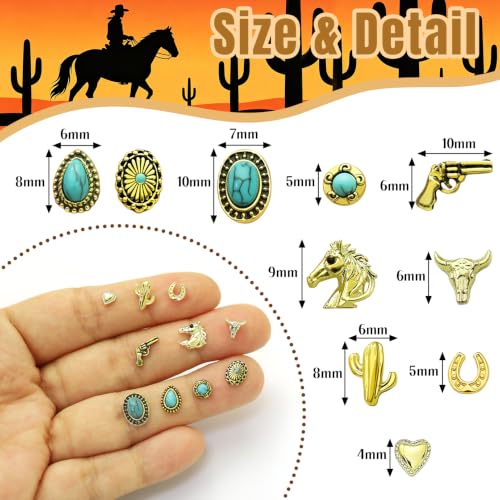 Gold Western Nail Charms Set 61pcs Cowboy Cowgirl 3D Turquoise & Metal Embellishments