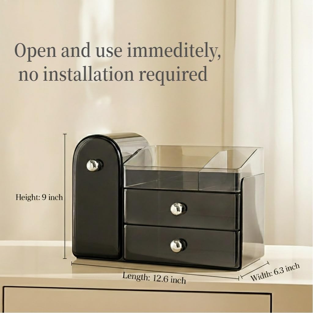 Makeup Organizer with Sliding Brush Holder - Clear Skincare Storage Case for Vanity & Bathroom (Black)