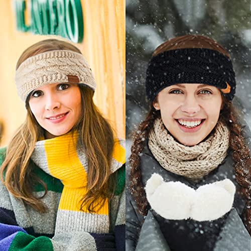 Winter Headbands for Women - Wool Ear Warmers (Black + Beige) - Thick & Fleece Lined