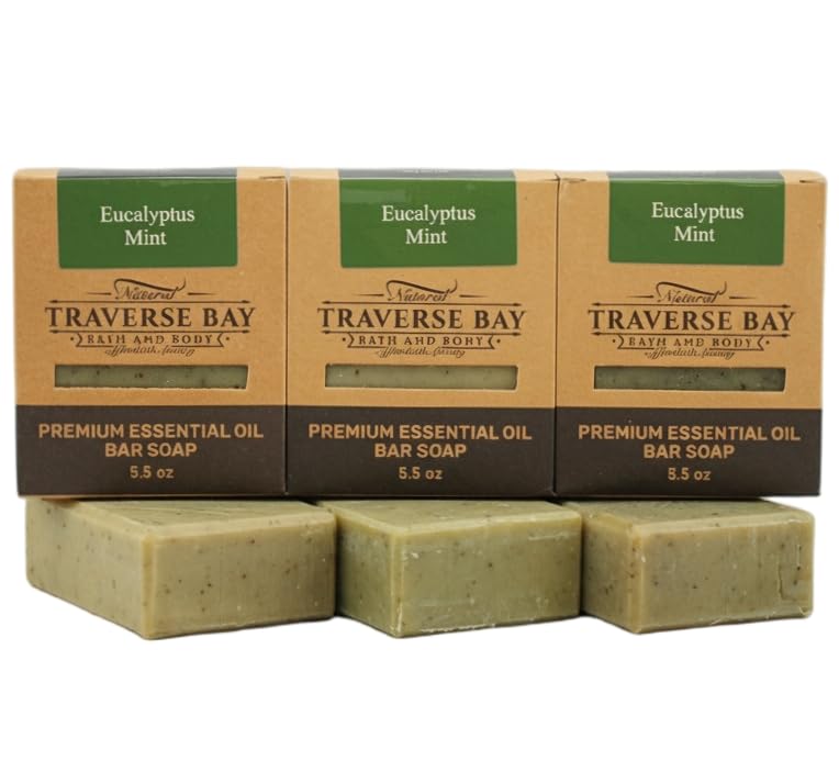 Traverse Bay Bath & Body Eucalyptus Peppermint Handmade Cold Process Bar Soap - 3 Pack, 15oz - For Men & Women, Face & Body, Essential Oils (Variation 1)