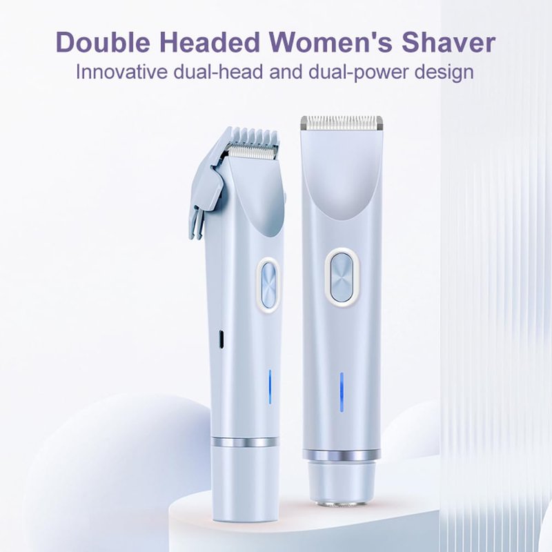 Bikini Trimmer for Women 2 in 1 Dual Head - IPX7 Waterproof Painless Electric Razors for Beauty, Pubic Hair, Face, Legs & Underarms– Portable Cordless Shaver with Fast Charging, Easy Cleaning (Blue)