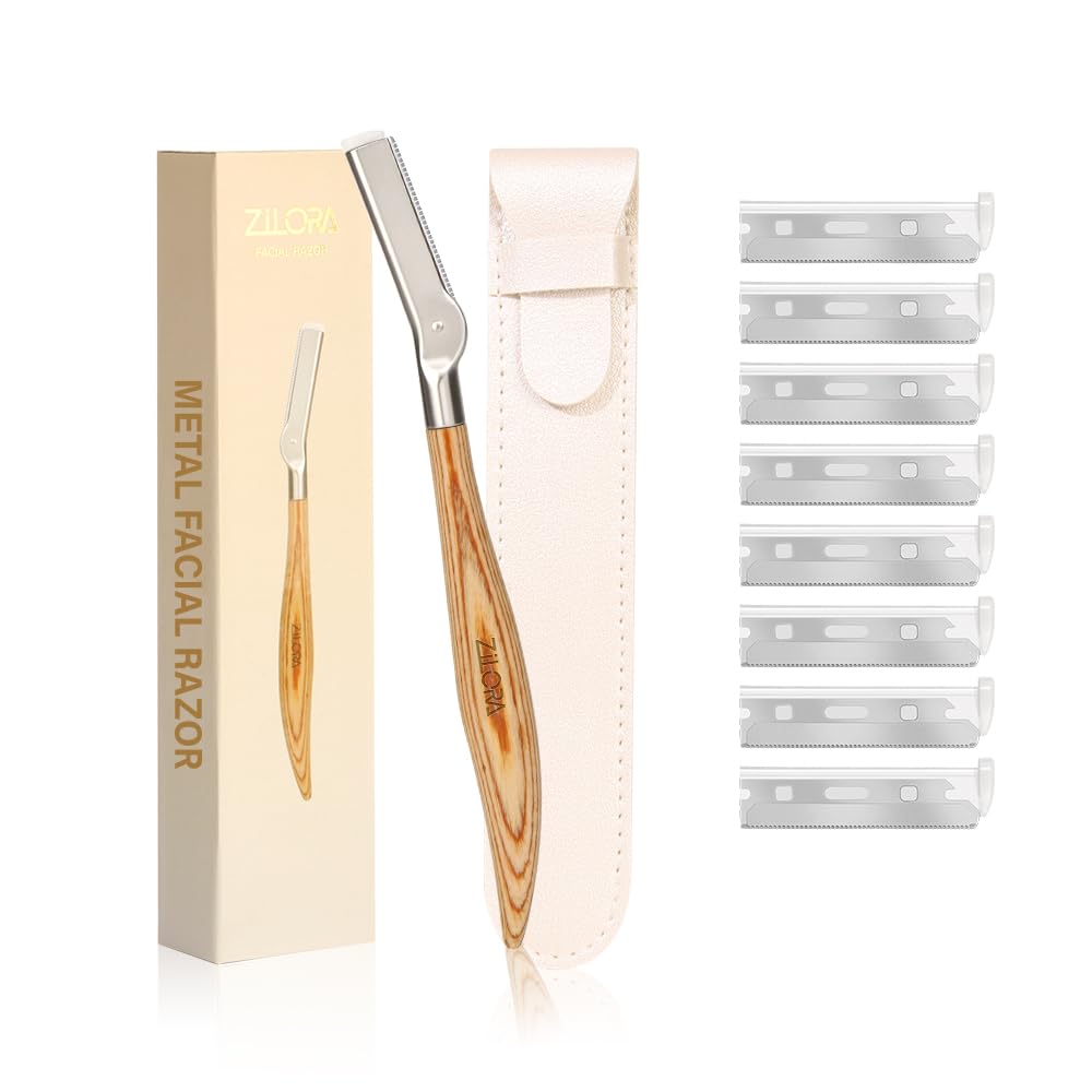 ZiLORA Wooden Eyebrow Razor - 8 Replacement Blades & Leather Pouch - Precision Eyebrow Trimmer & Dermaplaning Tool for Face Peach Fuzz, Lip Hair - Safety Mesh Guard