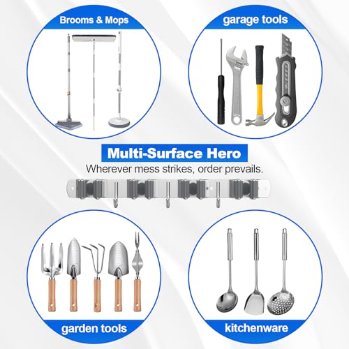 Broom Holder Wall Mount Organizer with 4 Racks & 3 Hooks - 2 Pack