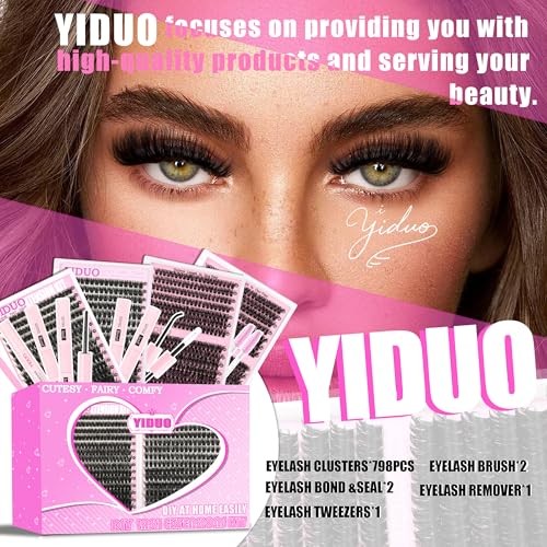 YIDUO 4 Styles Lash Clusters Kit 60D+80D+100D+150D Volume Clusters Lashes Extensions Kit with 2 X Bond and Seal 10-18mm Wispy D Curvature Full Individual Eyelash Extensions Kit DIY at Home Easily