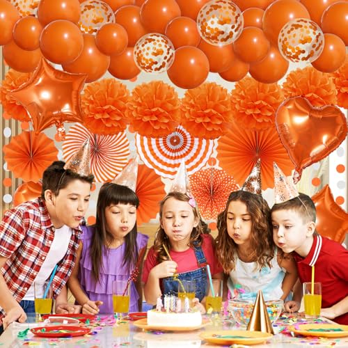 Orange Party Decorations Set - Pompoms, Balloons & Garland