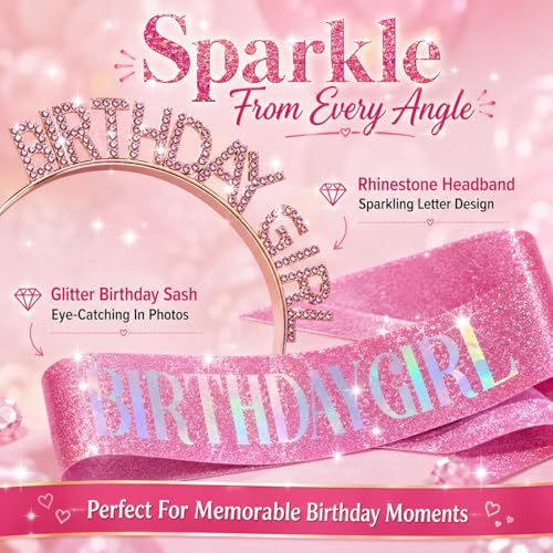 Pink Glitter Birthday Sash and Rhinestone Tiara Set for Women