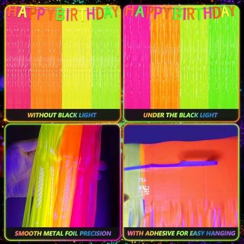 Glow in The Dark Tinsel Curtains - 4 Pack Neon Party Backdrop 3.3 x 6.6 Ft