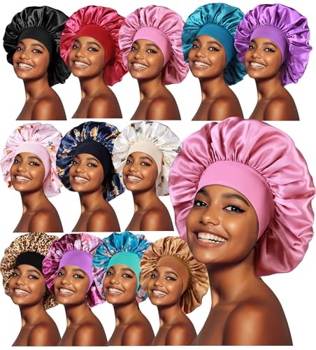 12 Large Satin Bonnets for Sleeping - Silky Hair Protection