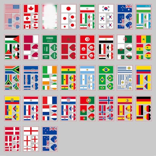 World Flag Temporary Tattoos 35 Styles World Flag Fake Tattoos Stickers Country Flags Face Tattoos Multicultural Travel Aviation Stickers Waterproof Hearts Face Tattoo for Women 35Sheets