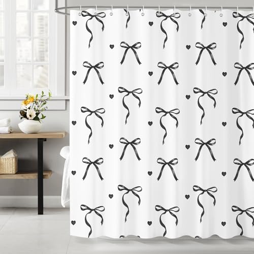 Dazzlewall Black Bow Shower Curtain - 72x72 in, Water-Resistant, Easy Install