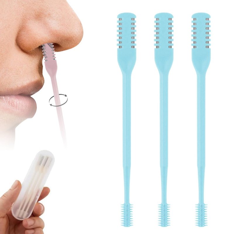 Mustowl 2-in-1 Nasal Hair Cutter, 2025 Professional Nose Hair Trimmer with 360° Rotation & Ear Picker, Dual-Blade Manual Nasal Grooming Tool with Soft Cleaning Brush for Men and Women (Blue, 3 PCS)