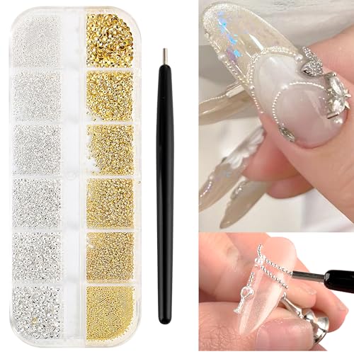 3D Nail Beads Set with Magnet Picker Tool - Gold & Silver Caviar Beads