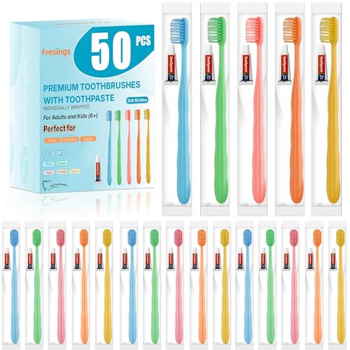 Fresings 50-Pack Disposable Toothbrushes with Fluoride-Free Toothpaste