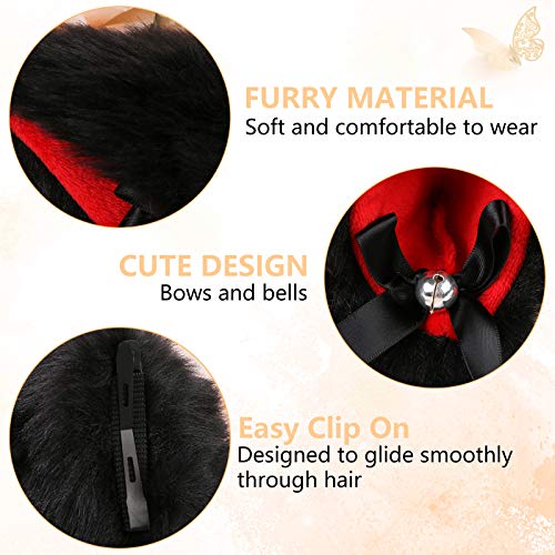 Evermarket Faux Furry Cat Ears Hair Clip with Bell - Cosplay Headband, Black-Inner Red