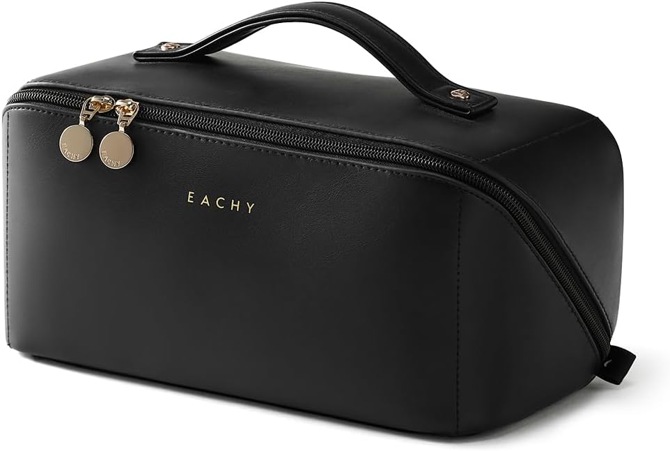 Travel Makeup Bag - Large Capacity Waterproof PU Leather Cosmetic Organizer | Flat Open Design for Skincare & Brushes