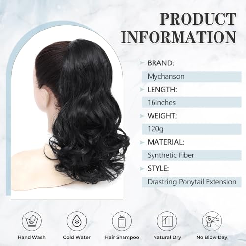 Mychanson 16 Inch Black Curly Wavy Drawstring Ponytail Extension