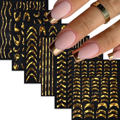 Gold French Tip Nail Art Stickers - Wavy Stripe Decals for Manicure, 6 Sheets