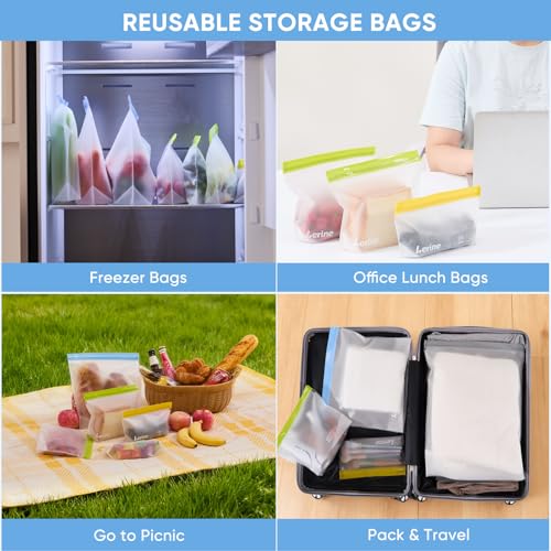 Lerine Reusable Snack Bags - 10 Pack, Leakproof & Dishwasher Safe