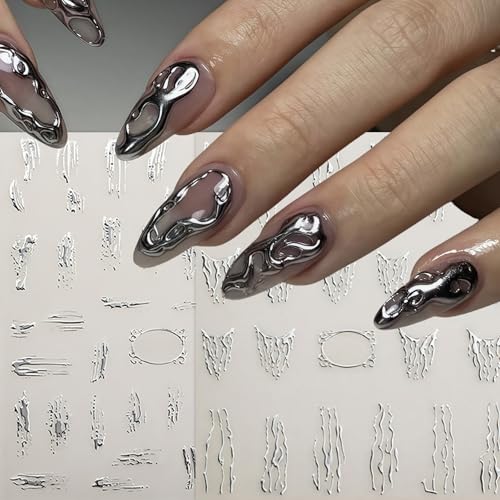 6 Sheets Silver Line Nail Art Stickers - 3D Abstract Design