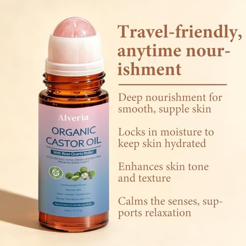 Organic Castor Oil with Rose Quartz Roller Ball – 1 oz, Pure & Cold Pressed