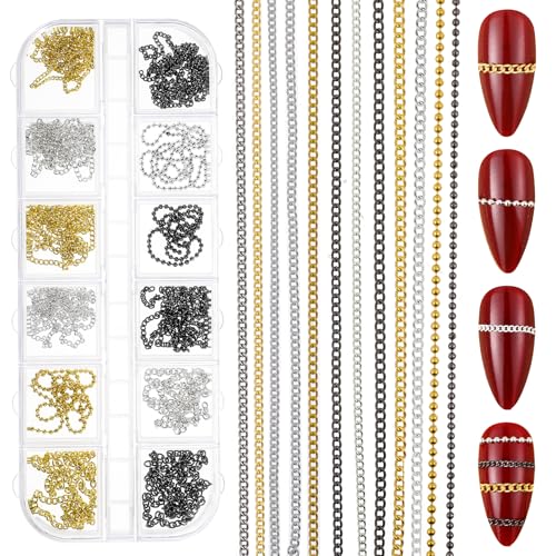 Metal Nail Art Chains Set - 12 Strips in Gold, Silver, Gray