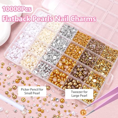 Set-8 Gold Silver Brown White Flatback Pearls for Nail Art & Crafting 4 Sizes