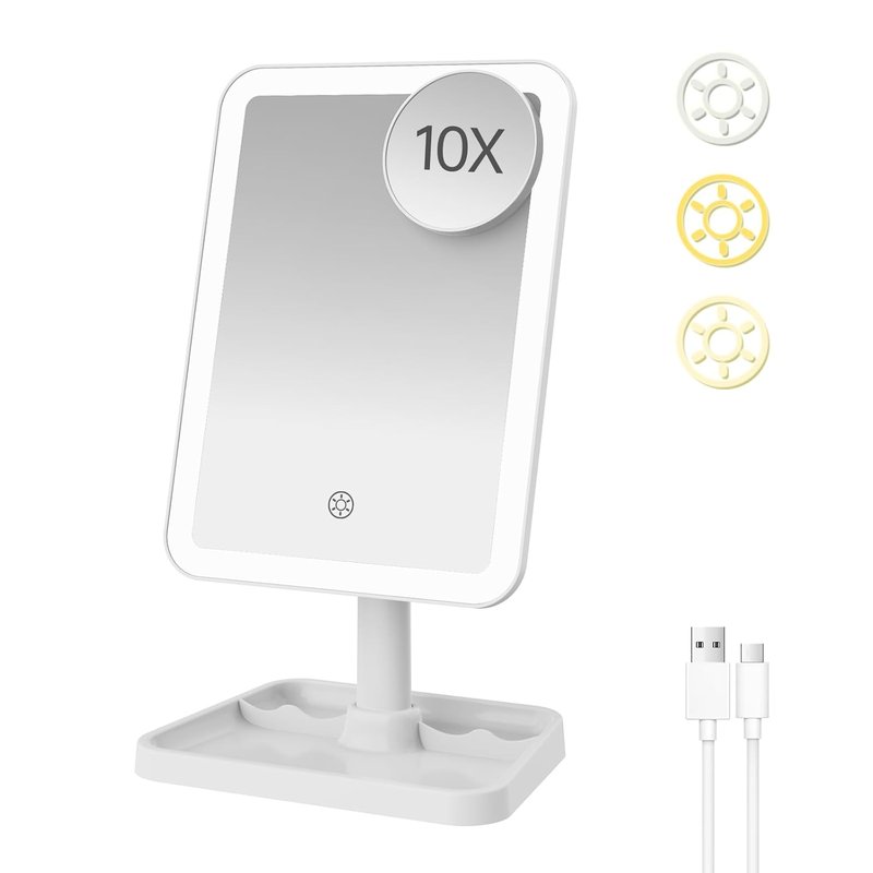 Rechargeable Lighted Makeup Mirror - 10X Magnification, 3 Color Lighting | Portable Tabletop Design, 360° Rotation, White