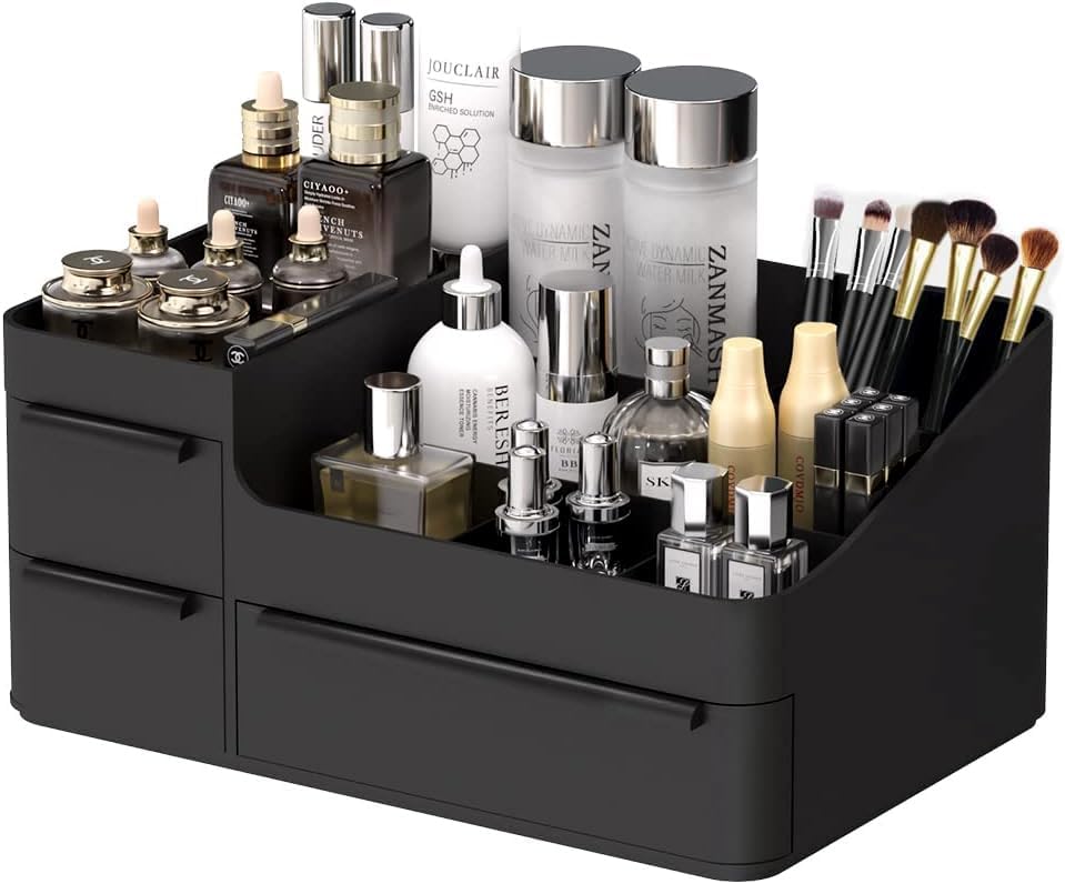 Makeup Organizer - Stackable Vanity Storage Box for Cosmetics & Jewelry | Black Drawer Tray