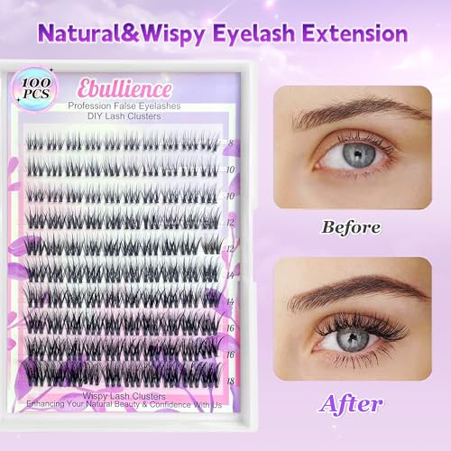 Ebullience Invisible Band D Curl Lash Clusters MIX 8-18mm 100pcs - Natural DIY Eyelash Extensions