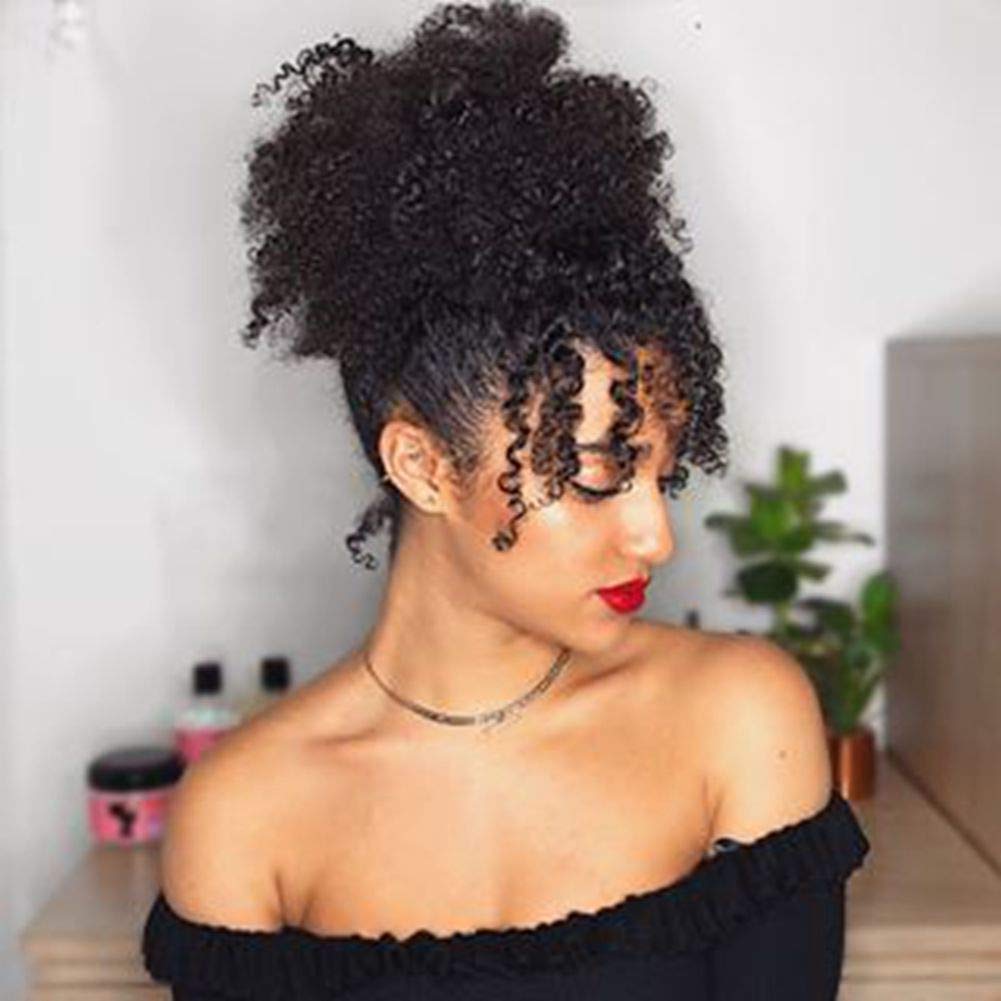 Curly Ponytail Wig for Black Women - Afro High Puff Bun Hair Piece with Bangs | Synthetic Drawstring Extension