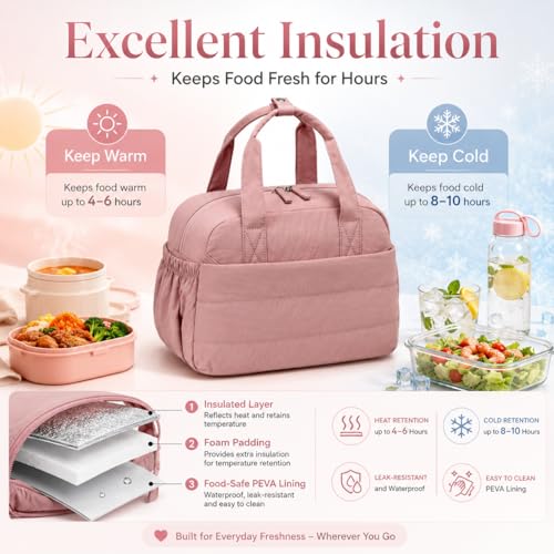 CAMTOP Quilted Lunch Bag for Women - Lightweight Insulated Tote