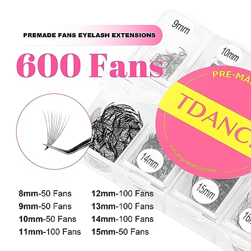 TDANCE Premade Eyelash Fans 600 Count, 8-15mm, 10D, C/D Curl
