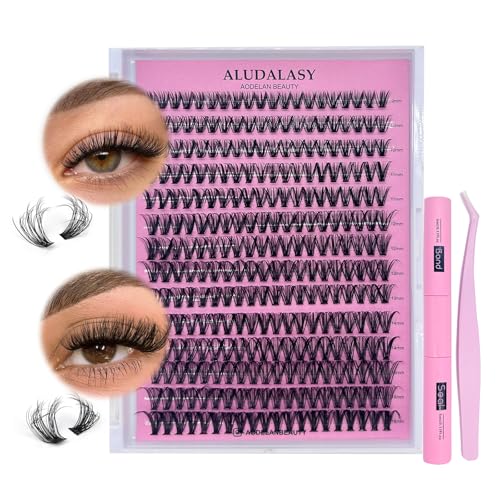 ALUDALASY 280pcs Fluffy Lash Clusters Kit with Waterproof Adhesive & Tweezers