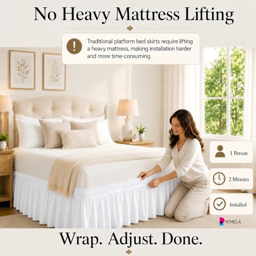 RIMELA White Bed Skirt Full Size 12-Inch Drop, Elastic Wrap-Around