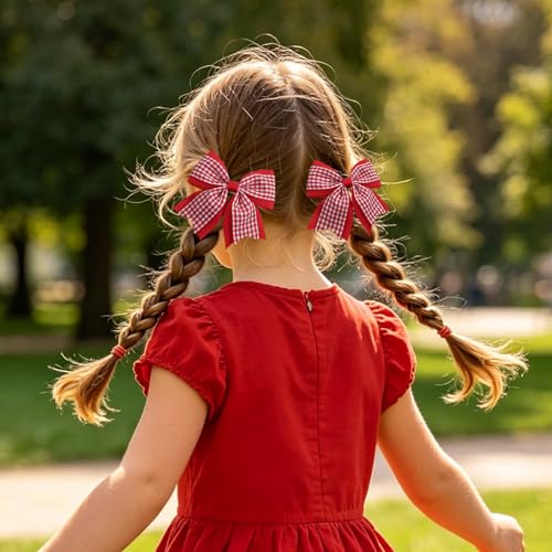 JOYFUNFABU 2PCS Red Gingham Hair Bows for Girls - Classic 3-Inch Toddler Hair Clips (Variation B)