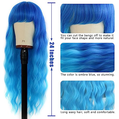 EVLYNN 24-Inch Long Wavy Blue Ombre Wig with Bangs - Heat Resistant Synthetic
