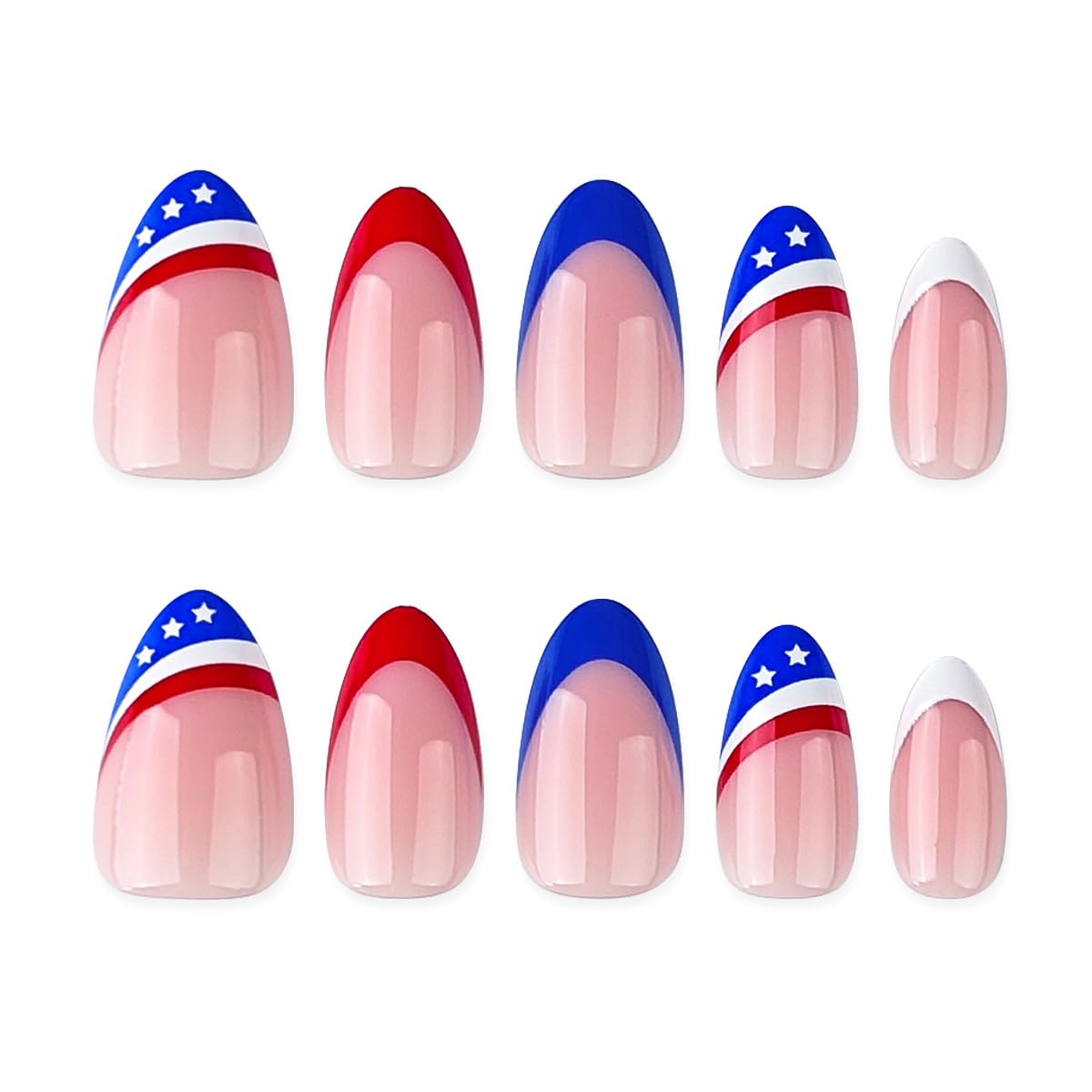 4th of July Press on Nails - French Tip Fake Nails with American Flag Design,Short Almond Patriotic False Nails Press ons for Women Independence Day Manicure 24Pcs