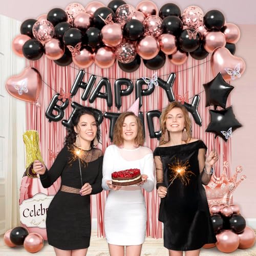 Rose Gold & Black Birthday Party Decorations Set - 60-Piece Kit