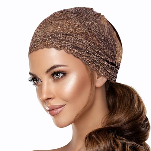 Taupe Gold Shimmer Vintage Lace Headband - Wide Stretchy Hair Accessory