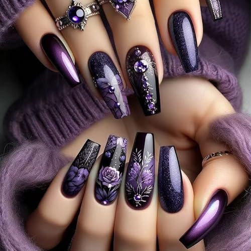 Xenophoer Purple Coffin Press On Nails Medium Long Length with US Variation 2, Glossy Fake Nails for Women, 24 Pcs