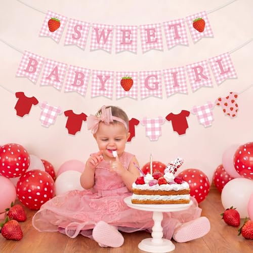 Strawberry Baby Shower Banner Set - 3 Pink Gingham Decorations