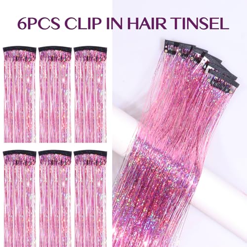 Pink Sparkle Clip-In Hair Tinsel Extensions 24 Inch for Long Hair - 6pcs