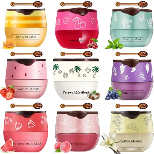 9 PCS Honey Pot Lip Balm Set, Hydrating Fruity Lip Mask with Applicator
