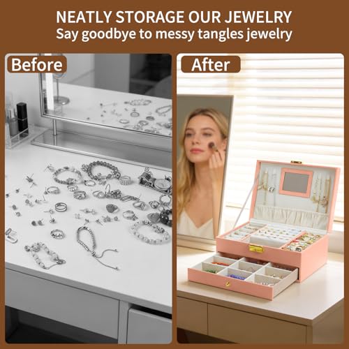 Coobest 2-Layer Velvet Jewelry Organizer Box for Travel - White & Pink