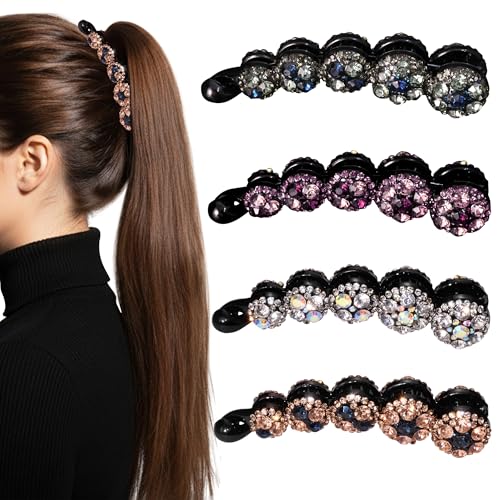 Sparkly Rhinestone Banana Hair Clips for Medium Hair - 4 Pack, Elegant Ponytail Accessories