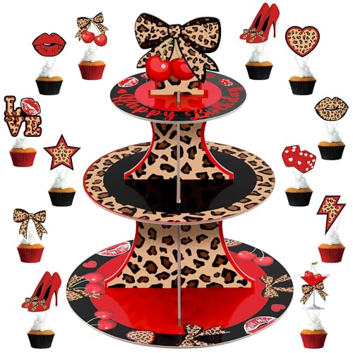 Cheetah Cherry Cupcake Stand Set with 24 Cake Toppers - 3 Tier Leopard Print Dessert Holder for Birthday & Party Decorations